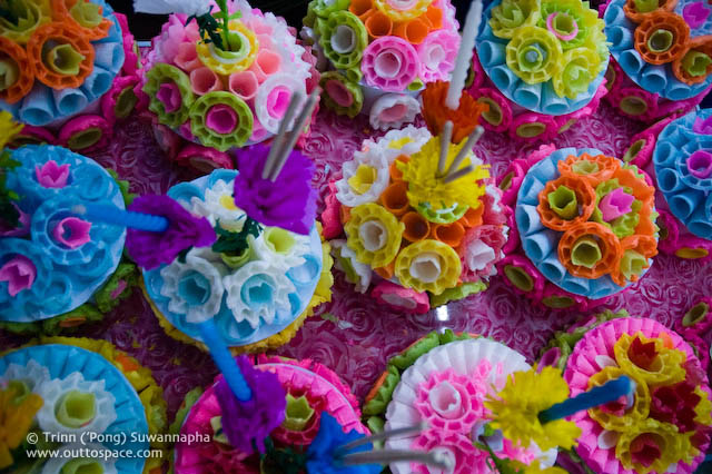 Colourful krathongs made of ice-cream cones