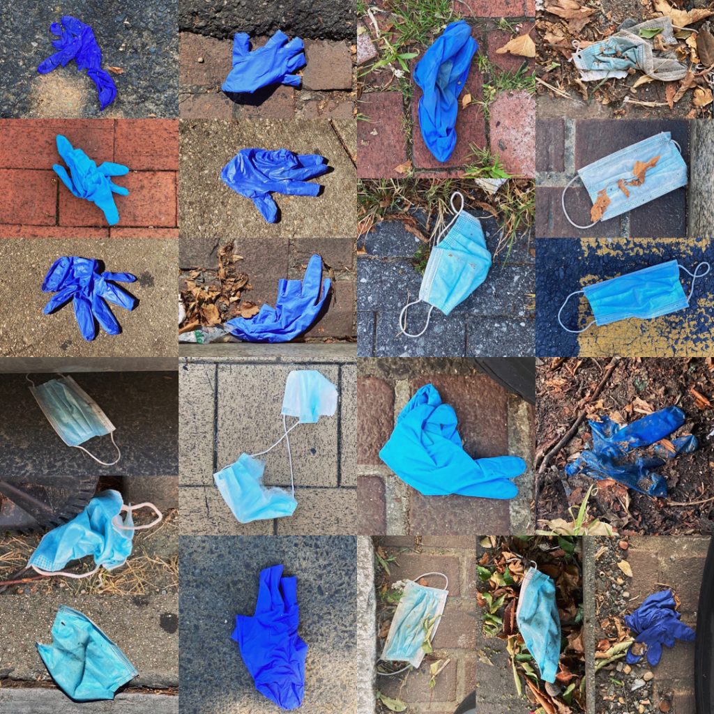 Ten masks and eleven gloves in the shades of blue